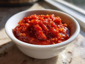 A small white bowl filled with vibrant, chunky tomato sauce, highlighted by bright sunlight.