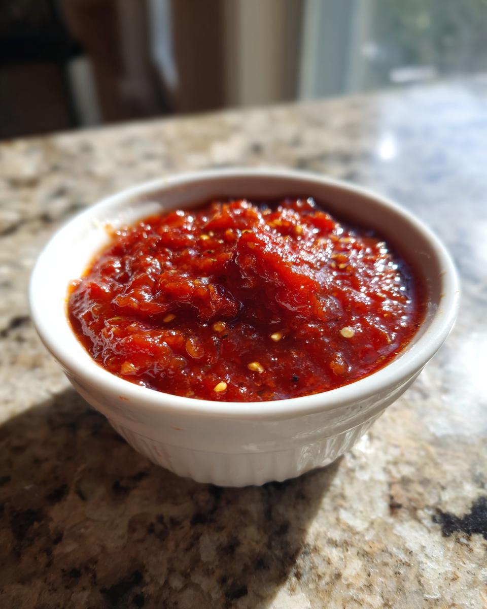 Close-up of a small white bowl filled with rich, chunky red tomato sauce, showing visible seeds.