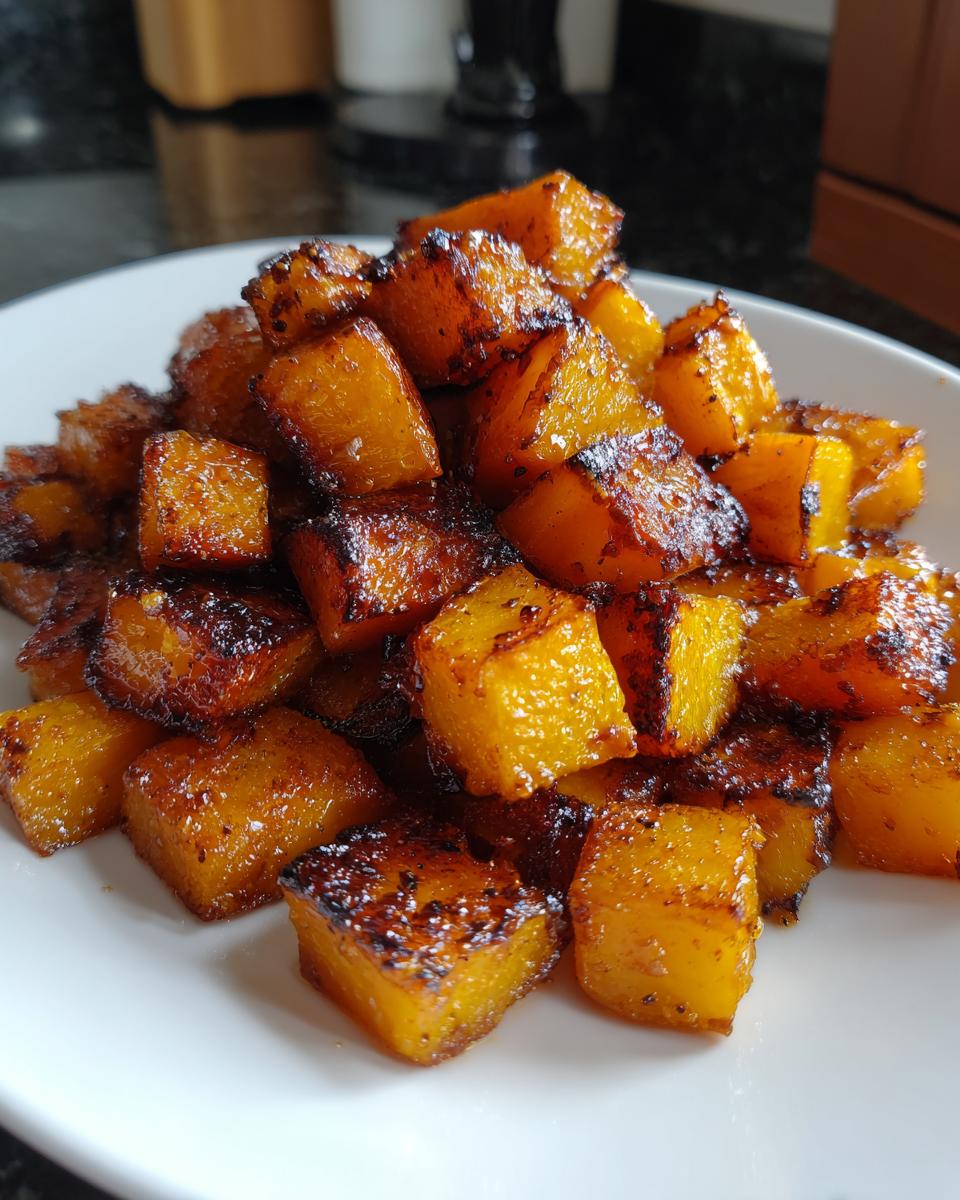 Close-up of perfectly caramelized and browned roasted butternut squash cubes piled on a white plate.