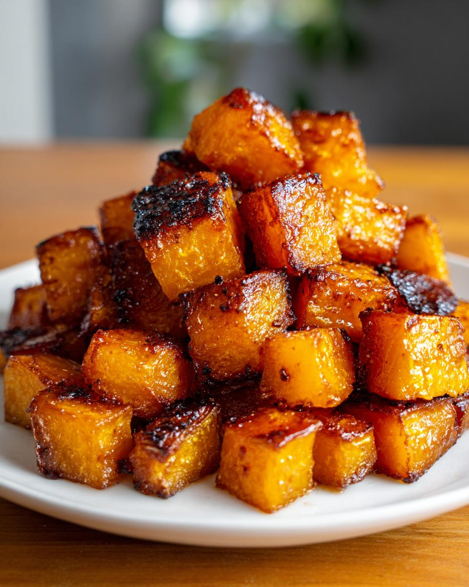 A mound of perfectly caramelized and slightly charred roasted butternut squash cubes piled high on a white plate.