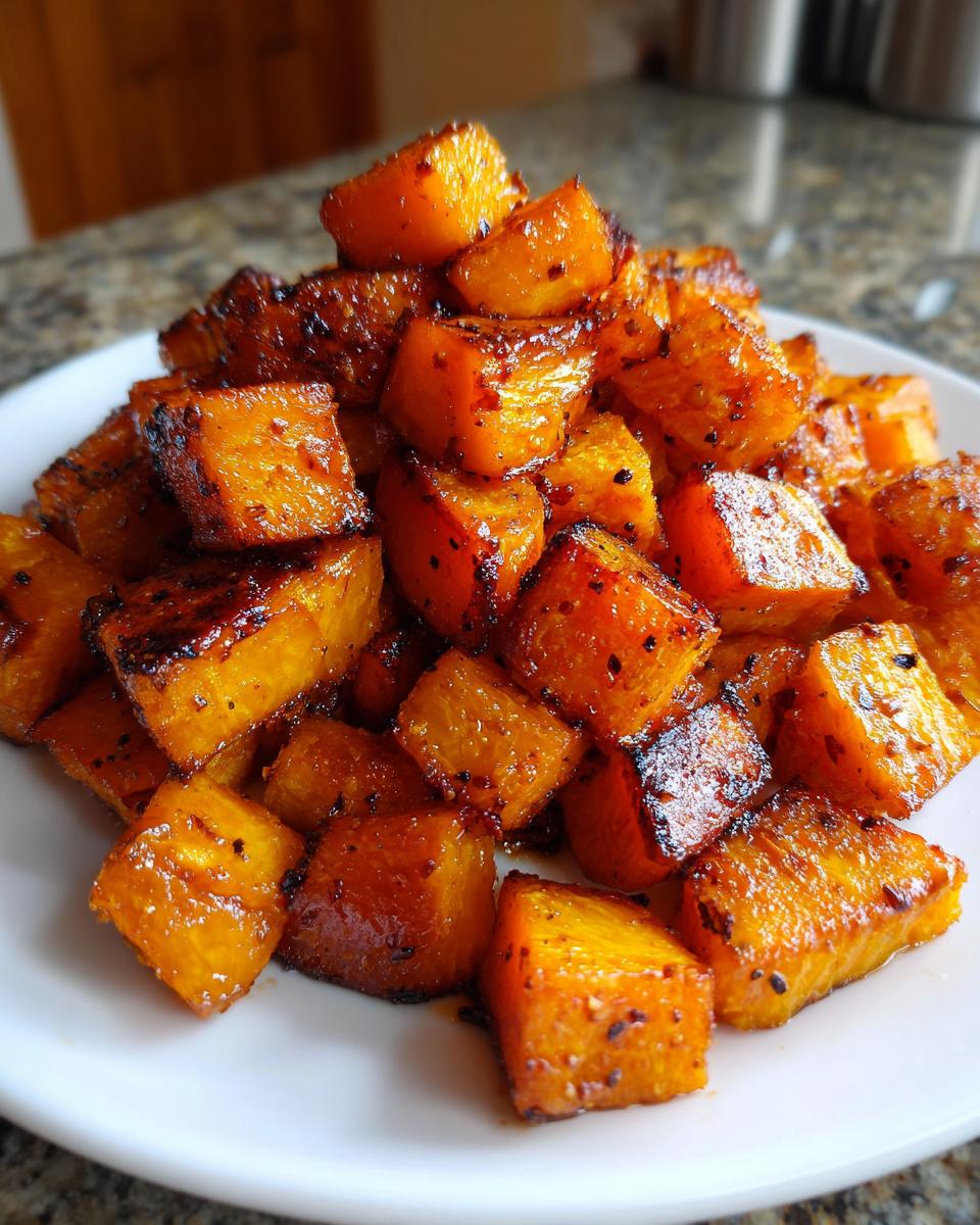 Close-up of caramelized, cubed roasted butternut squash piled high on a white plate.
