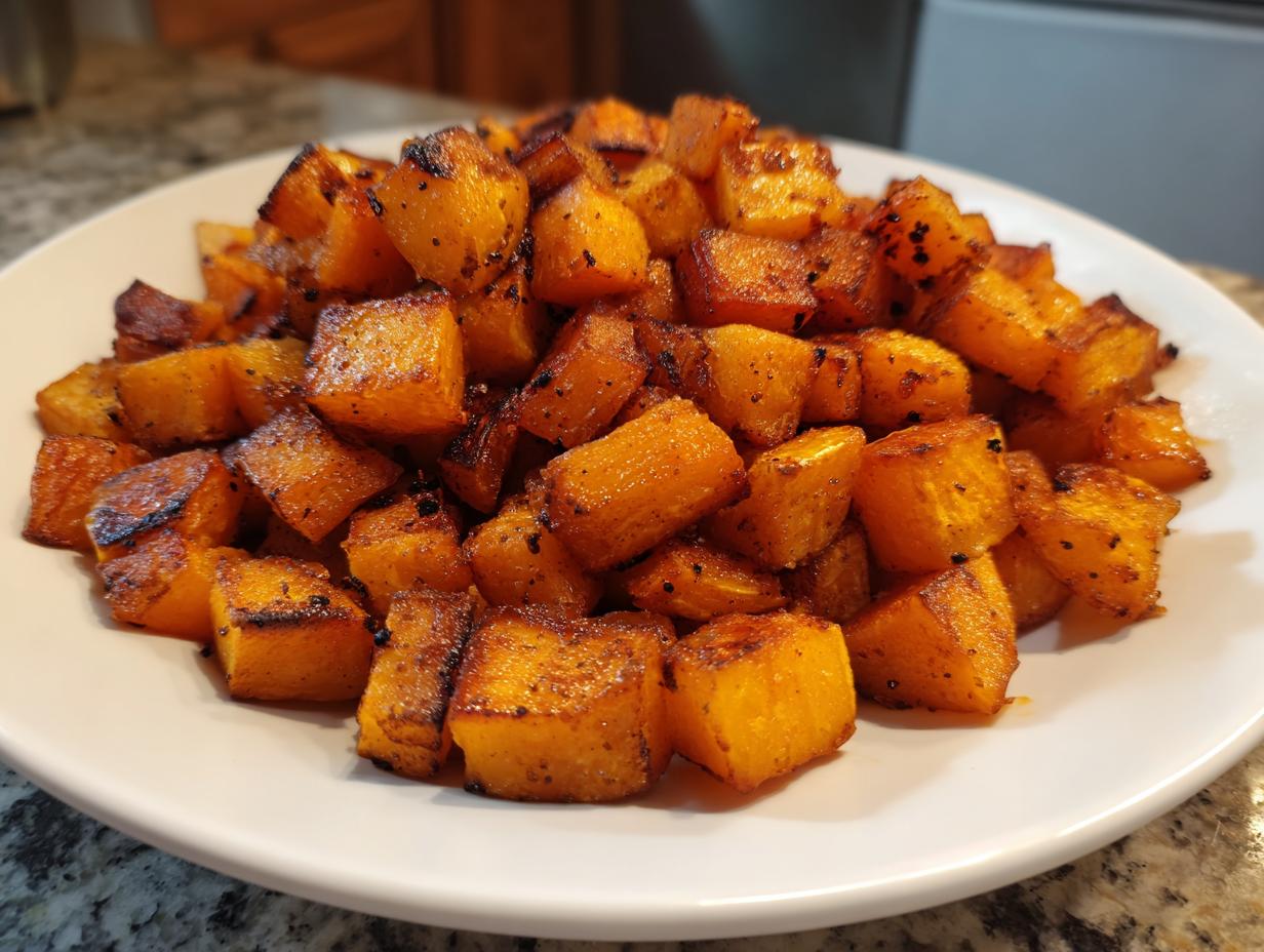A close-up of a white plate piled high with perfectly caramelized roasted butternut squash cubes.