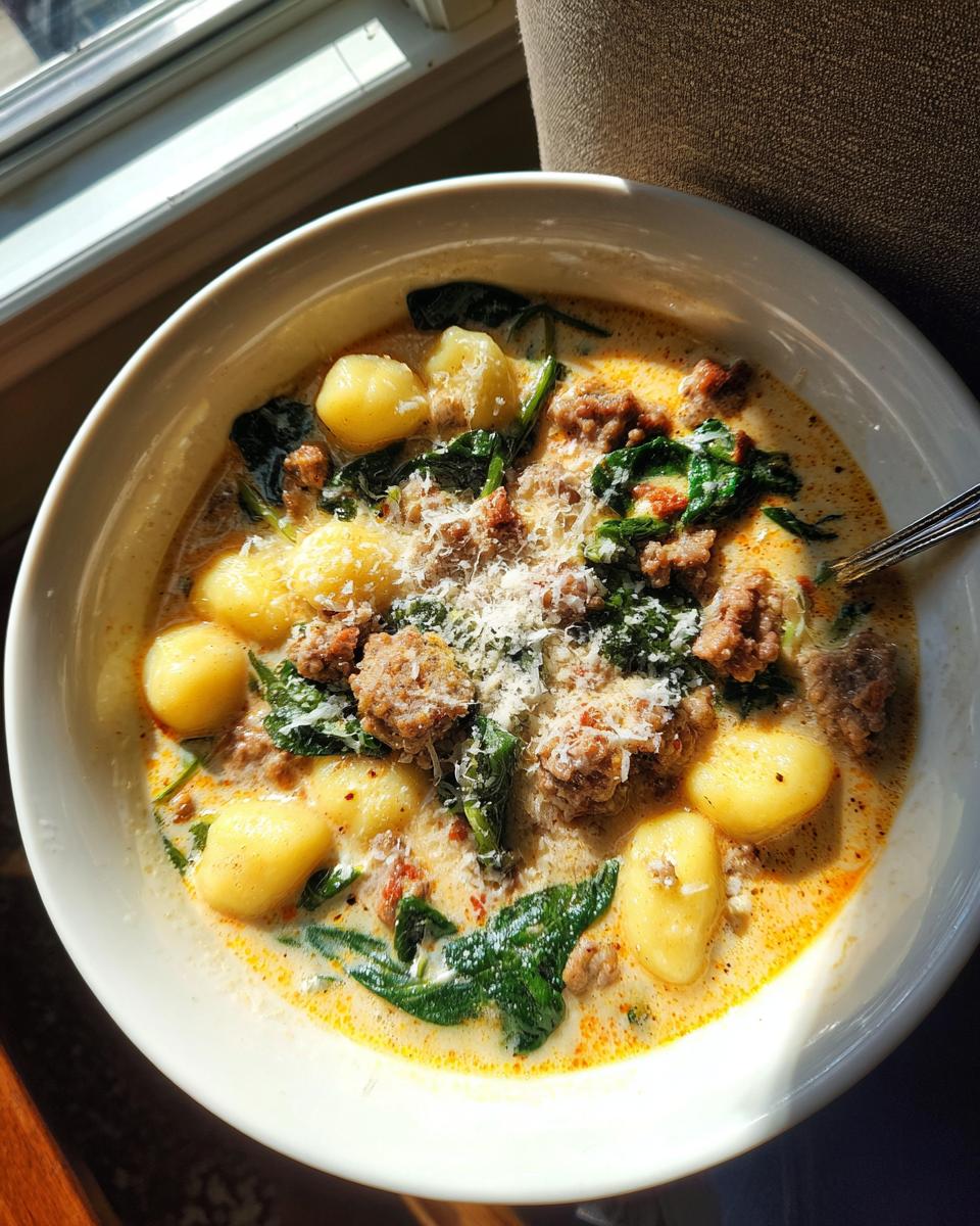 Overhead view of a bowl of creamy sausage gnocchi soup, featuring plump gnocchi, crumbled sausage, wilted spinach, and grated Parmesan cheese.