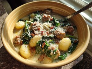 A close-up of a creamy bowl of sausage gnocchi soup, topped with spinach and grated Parmesan cheese.