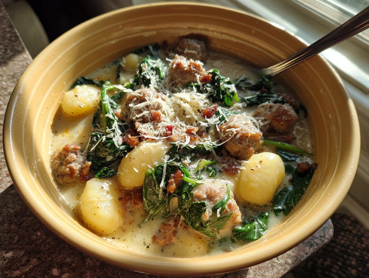 A close-up of a creamy bowl of sausage gnocchi soup, topped with spinach and grated Parmesan cheese.