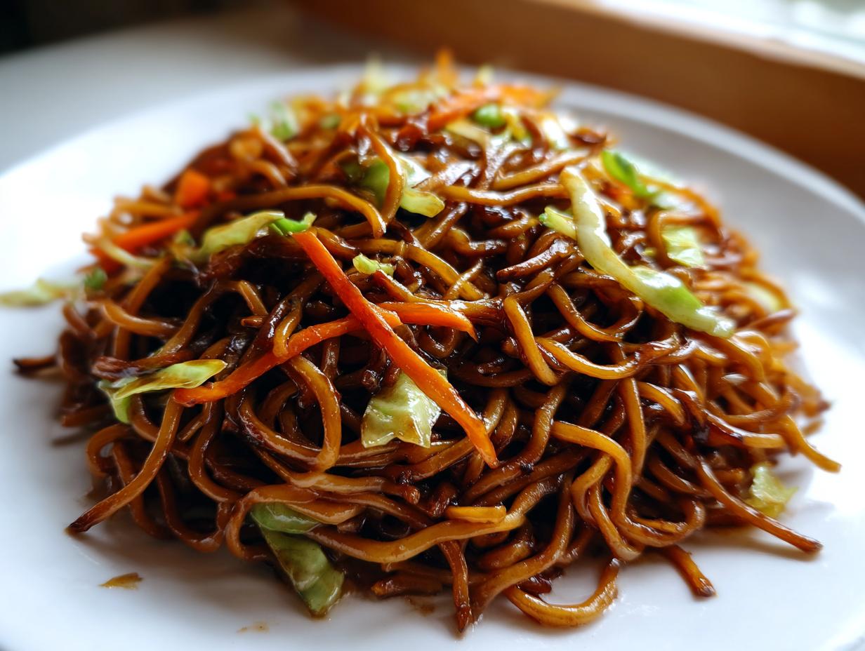 A close-up of a mound of glossy, dark brown fried noodles mixed with shredded carrots and cabbage.