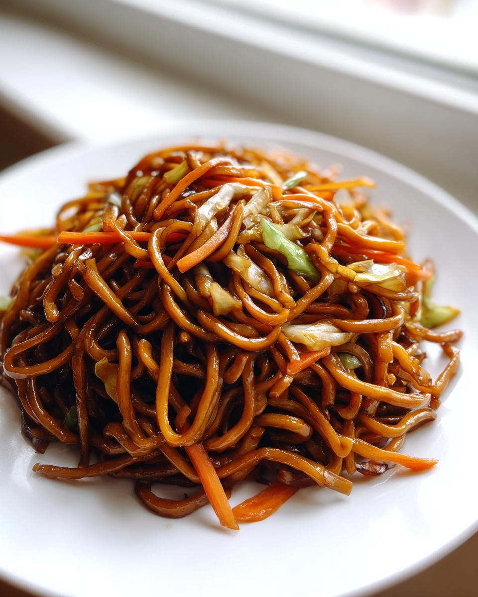 A close-up shot of glossy, dark brown fried noodles mixed with shredded carrots and cabbage on a white plate.