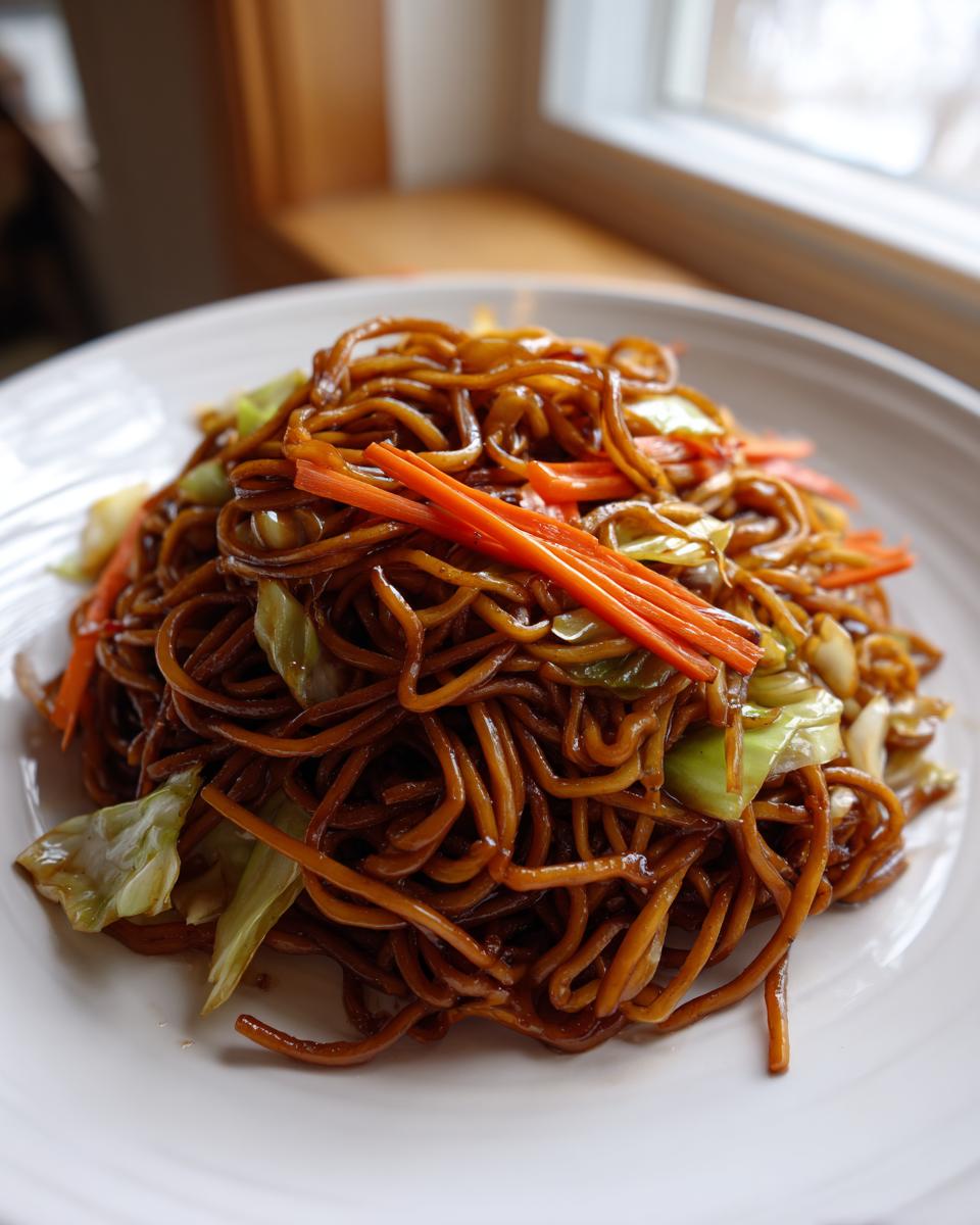 A close-up of a generous serving of dark, glossy fried noodles mixed with shredded cabbage and bright orange julienned carrots.