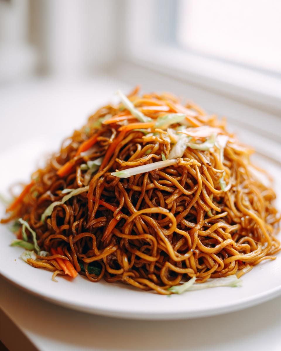 A close-up of a generous serving of savory fried noodles tossed with shredded carrots and cabbage.