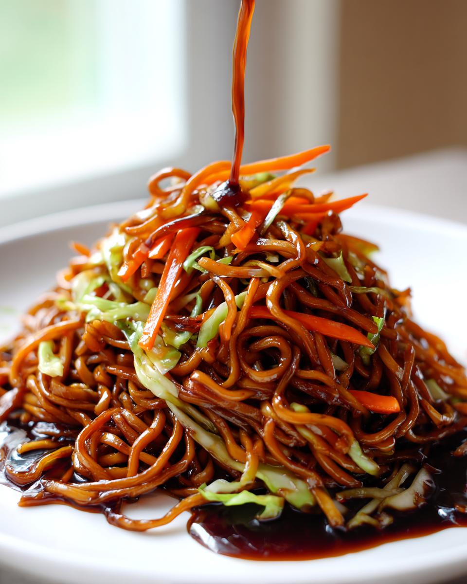 Close-up of savory fried noodles being drizzled with dark sauce, mixed with shredded carrots and cabbage.