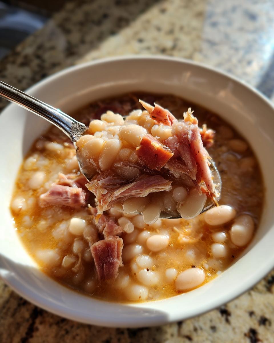A spoonful of navy bean soup, featuring white beans and shredded ham, lifted from a white bowl.