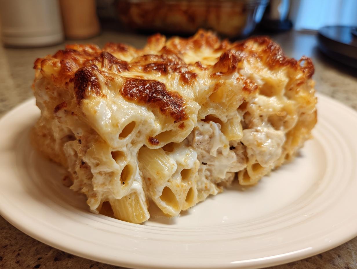 Close-up of a generous slice of creamy pasta bake featuring rigatoni pasta smothered in sauce and topped with bubbly, browned cheese.