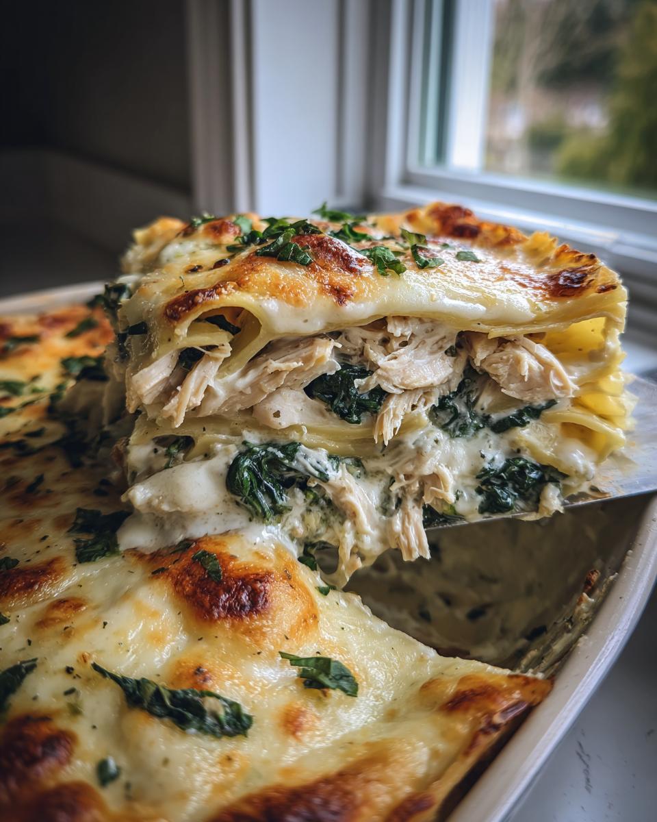 A spatula lifts a thick slice of creamy chicken alfredo lasagna, showing layers of pasta, shredded chicken, and spinach.