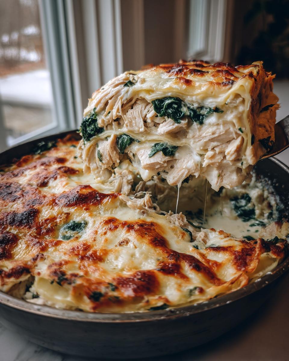 A spatula lifts a cheesy, layered slice of chicken alfredo lasagna showing shredded chicken and spinach filling.
