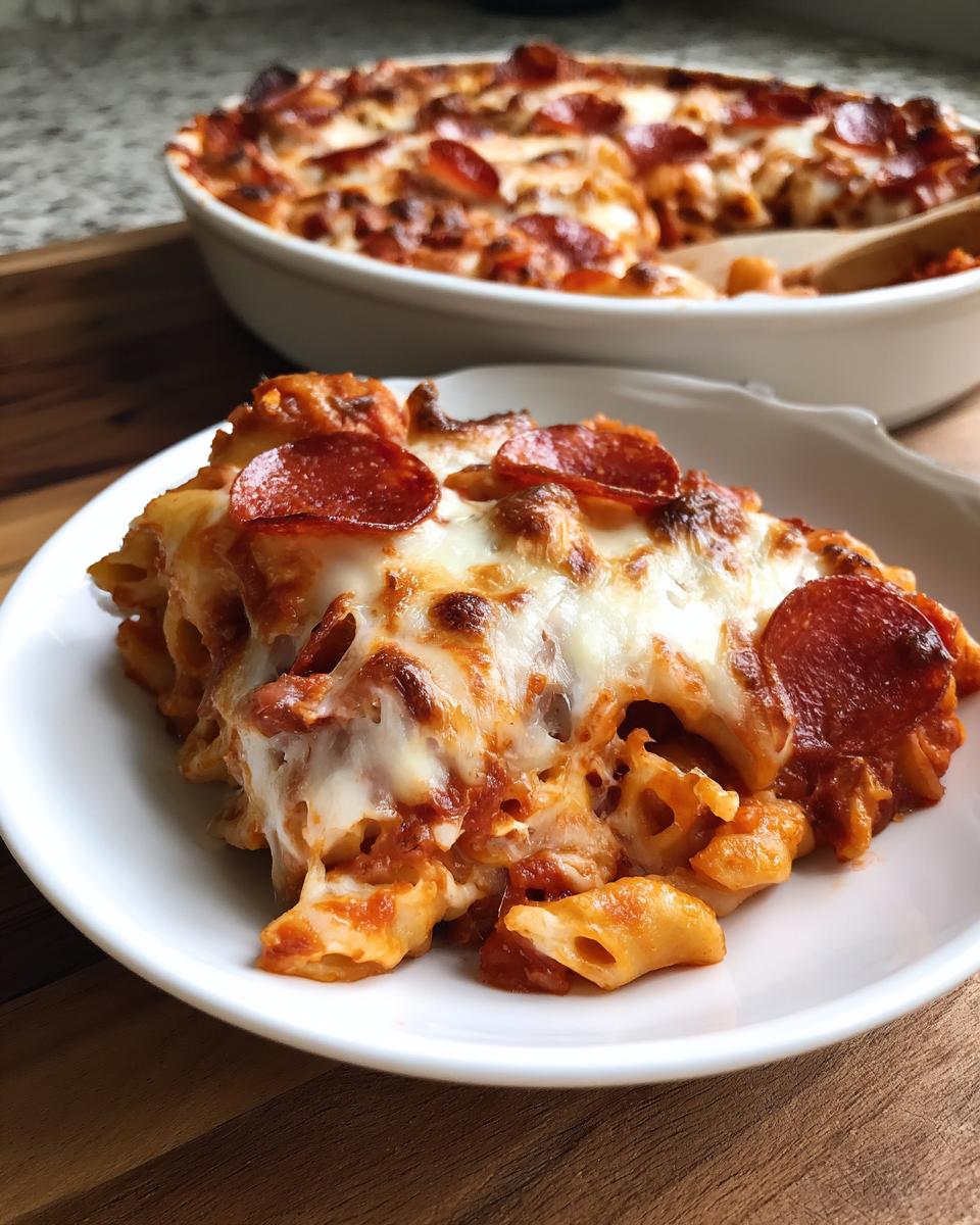 A close-up serving of baked pizza pasta topped with melted cheese and pepperoni slices.