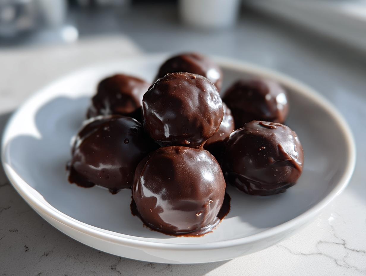 A small white plate holding several rich, dark chocolate-coated Oreo balls glistening under bright light.