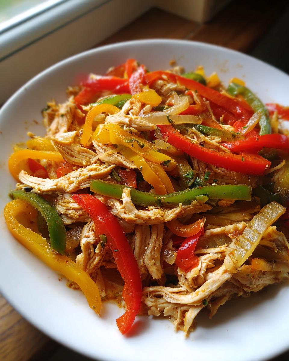 Close-up of shredded chicken mixed with colorful bell peppers and onions, ready for crockpot chicken fajitas.