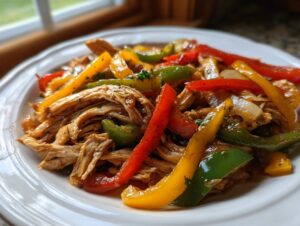Close-up of shredded chicken mixed with colorful bell peppers (red, yellow, green) and onions, ready for crockpot chicken fajitas.