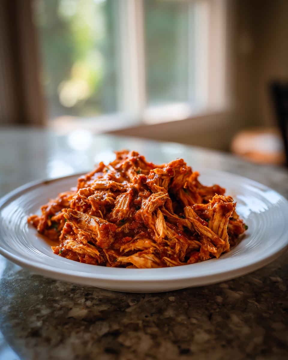 A close-up of shredded chicken tinga piled high on a white plate, coated in a vibrant red, savory sauce.