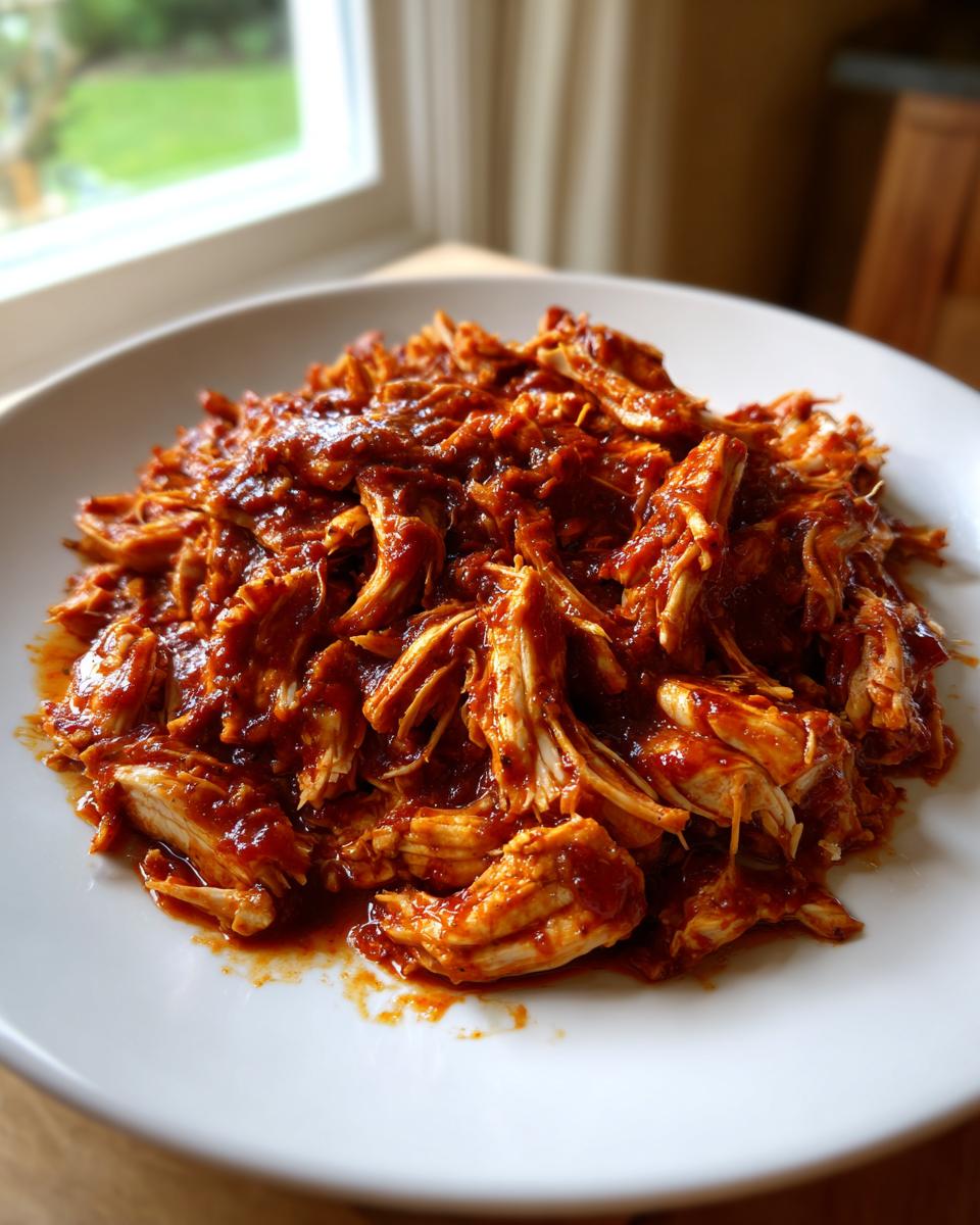 Close-up of shredded chicken tinga coated in a vibrant, rich red, smoky sauce served on a white plate.