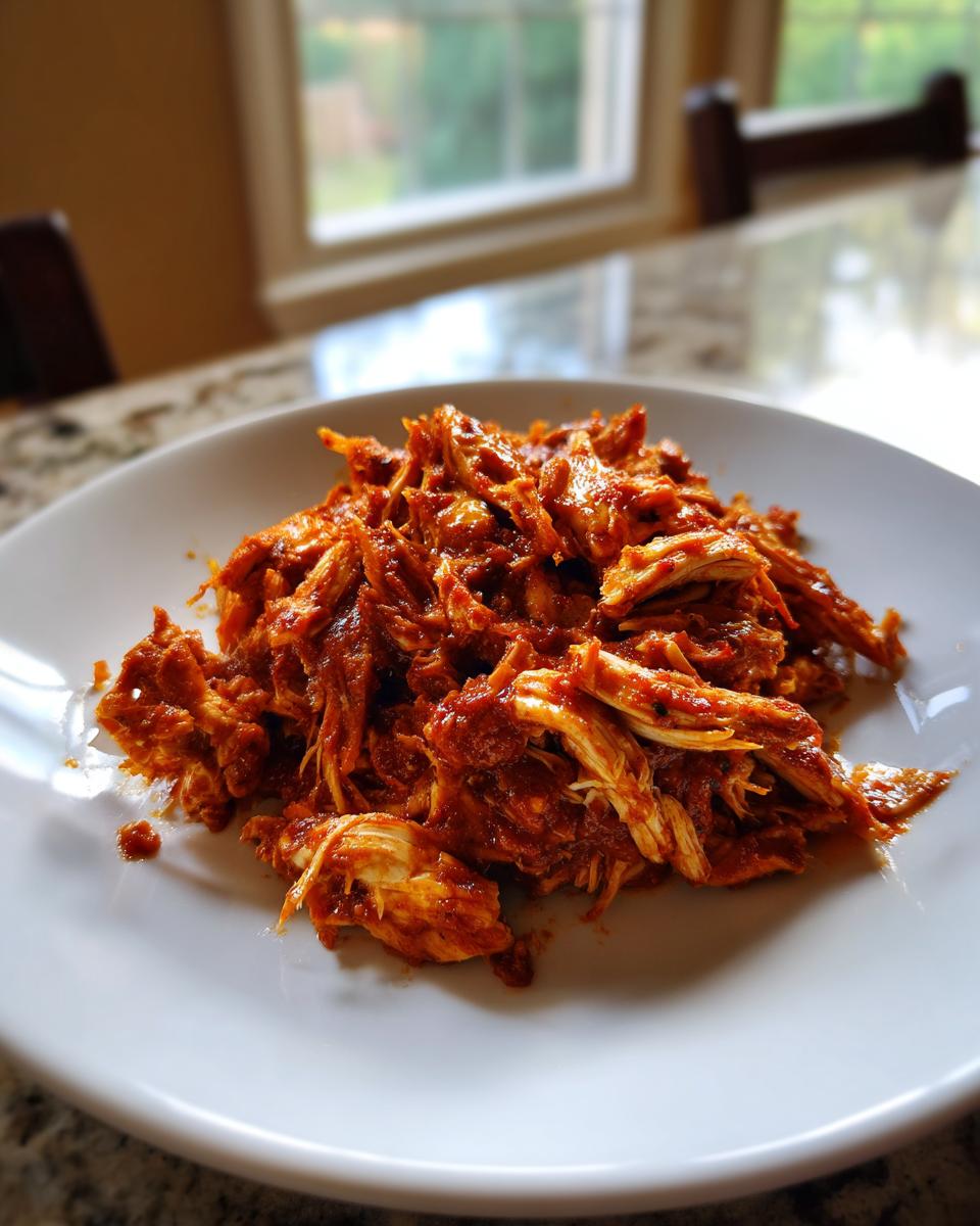 A close-up of shredded chicken tinga coated in rich red sauce served on a white plate.