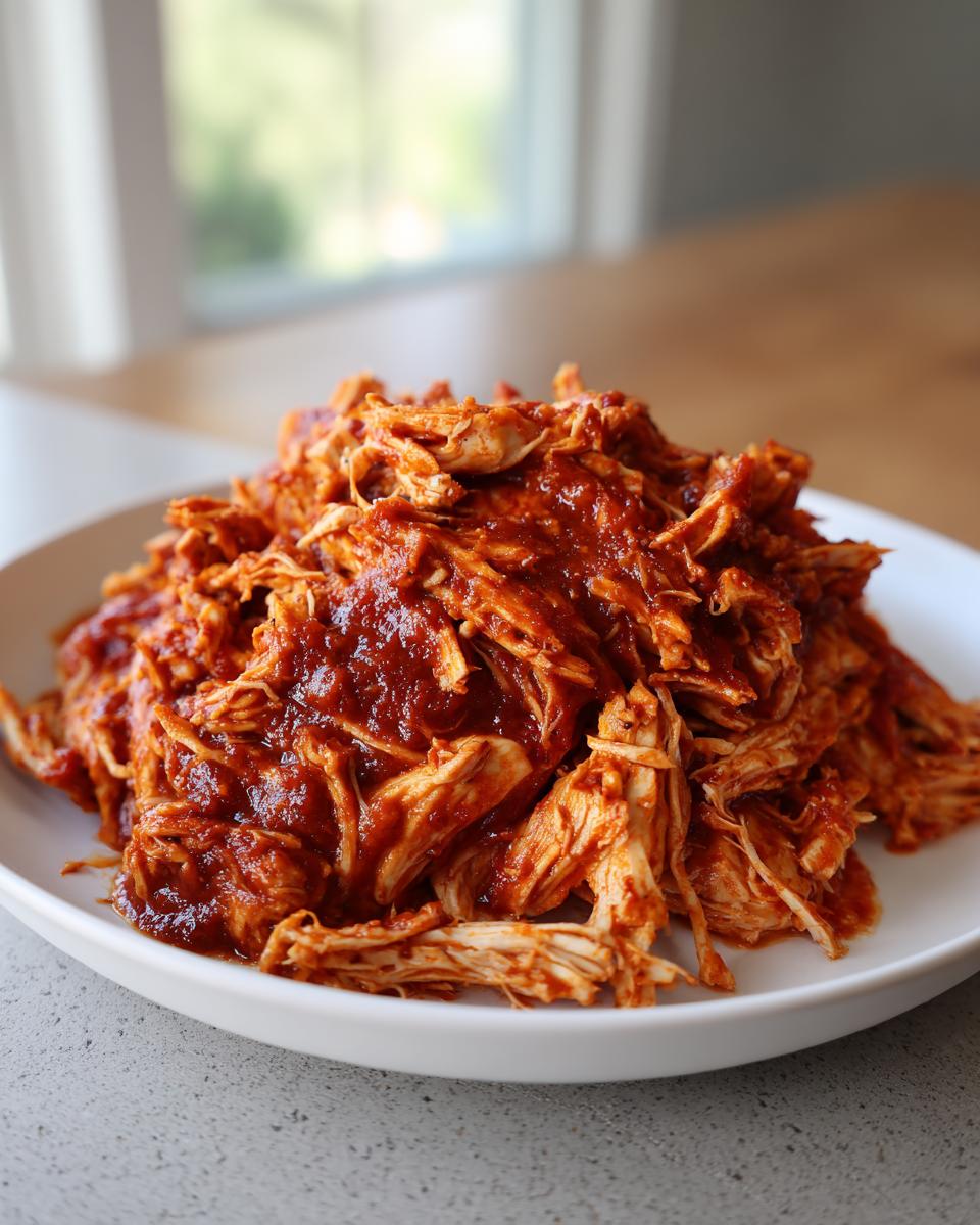 Close-up of a white bowl filled with shredded chicken tinga coated in a rich, deep red adobo sauce.