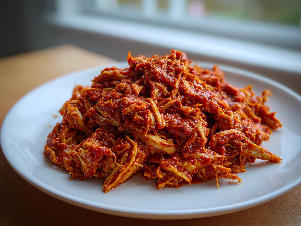 A mound of saucy, shredded chicken tinga with a rich red color piled high on a white plate.