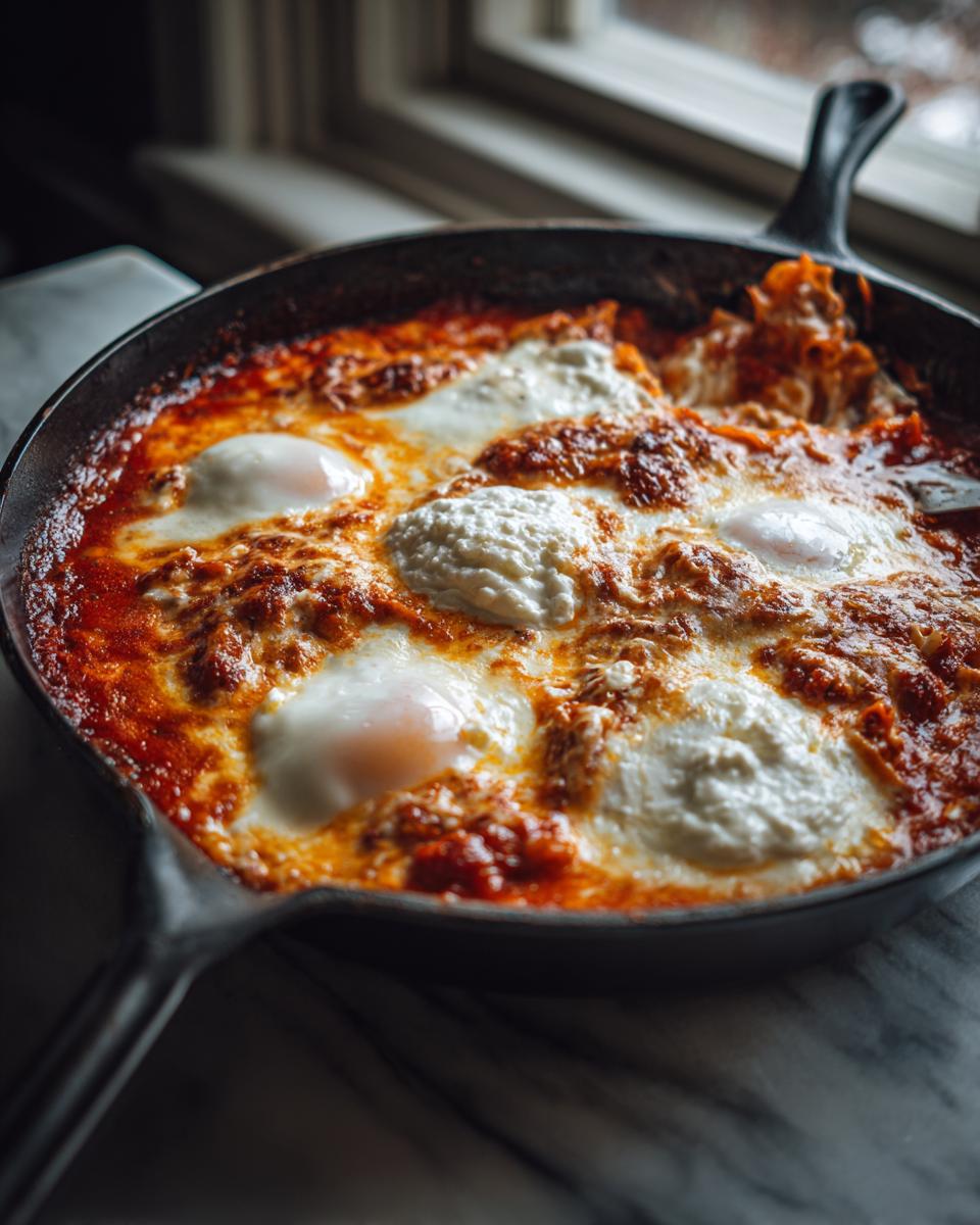 Close-up of eggs baked in rich tomato sauce with dollops of ricotta cheese in a cast iron skillet, perfect for skillet lasagna.