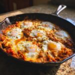 Close-up of eggs baked in a rich tomato sauce in a cast iron skillet, representing the skillet lasagna.