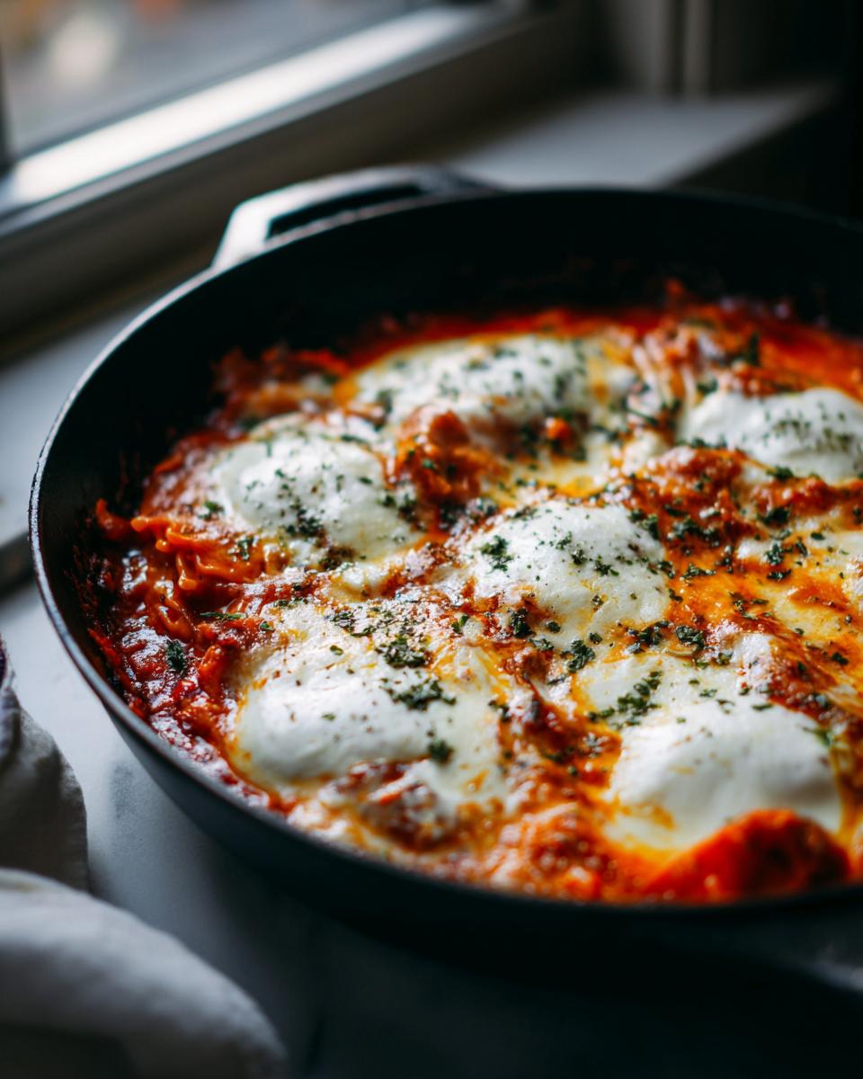 Close-up of bubbling skillet lasagna in a cast iron pan topped with melted mozzarella and herbs.