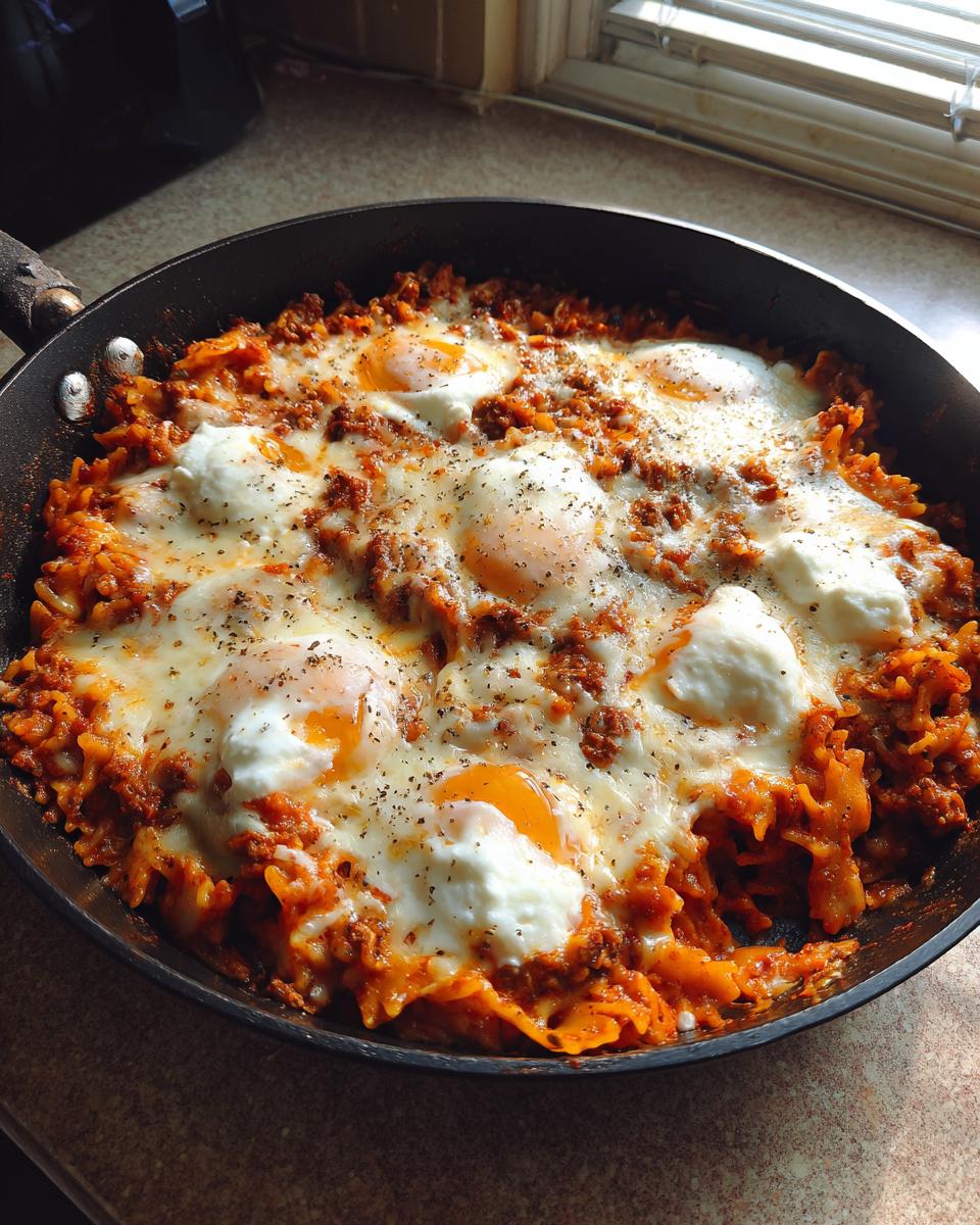 A rich, tomato-based skillet lasagna topped with melted cheese, dollops of ricotta, and baked eggs, seasoned with pepper.