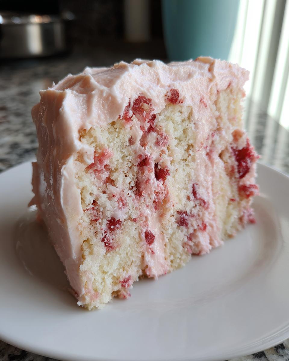 Close-up of a moist slice of 1-layer cherry cake with visible cherry pieces baked into the white crumb and topped with pink frosting.