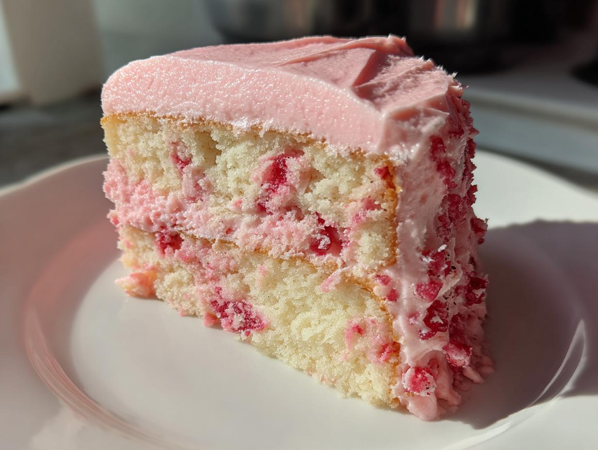A close-up slice of moist, layered cherry cake featuring pink frosting and visible cherry pieces throughout the sponge.
