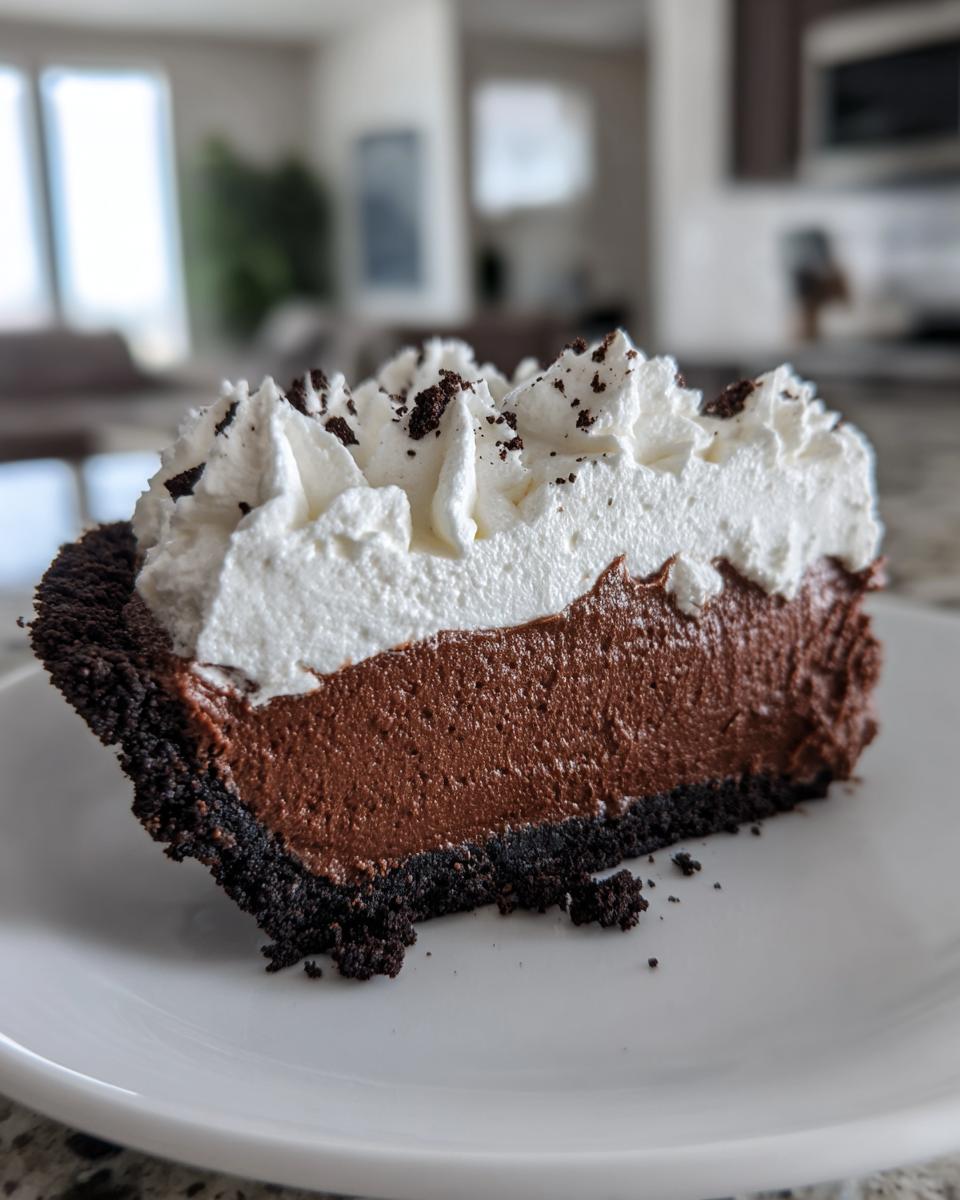 A decadent slice of chocolate mousse pie featuring a dark crust, thick chocolate filling, and whipped cream topping.