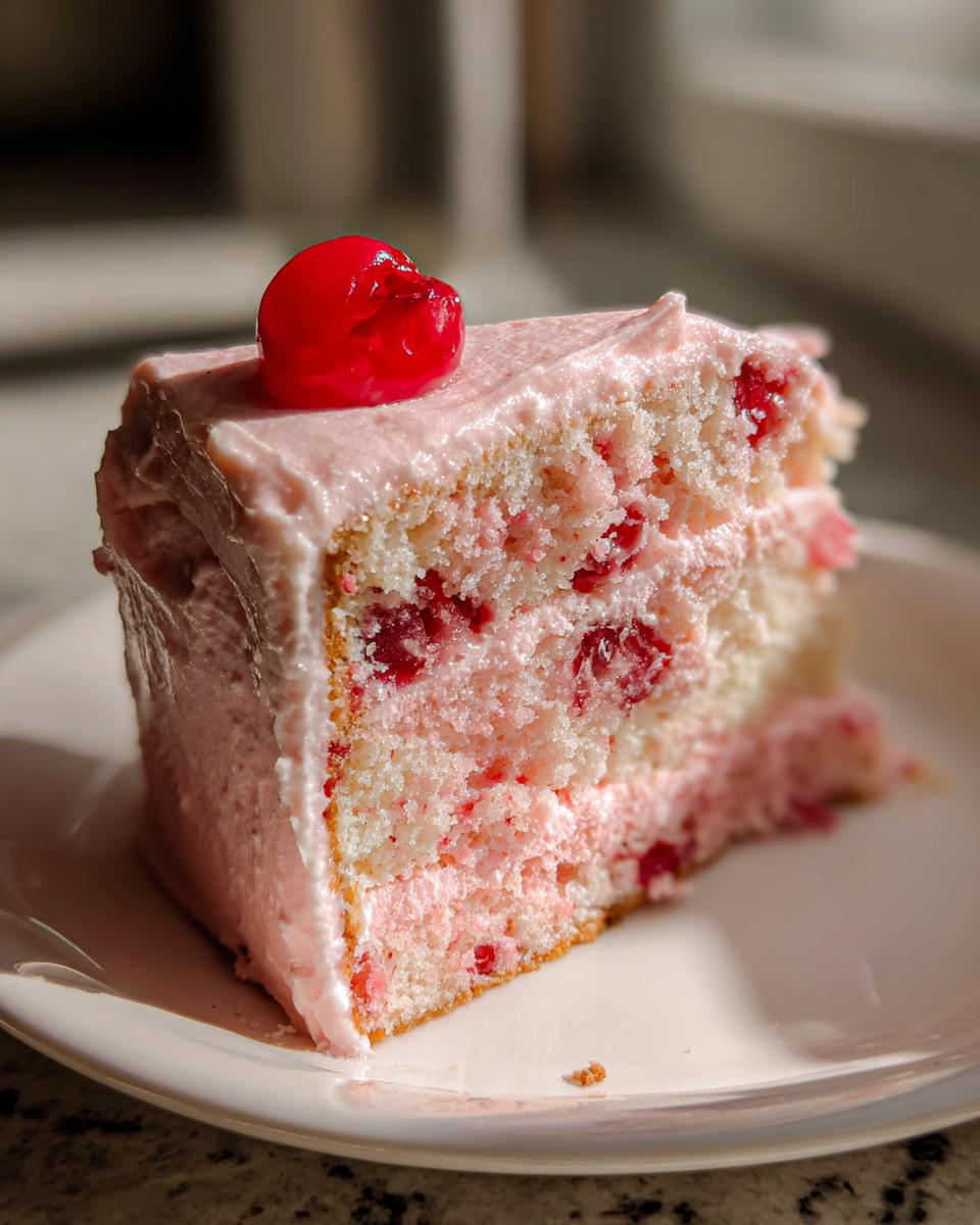 A moist slice of 1-layer cherry cake featuring pink frosting and visible cherry pieces, topped with a maraschino cherry.