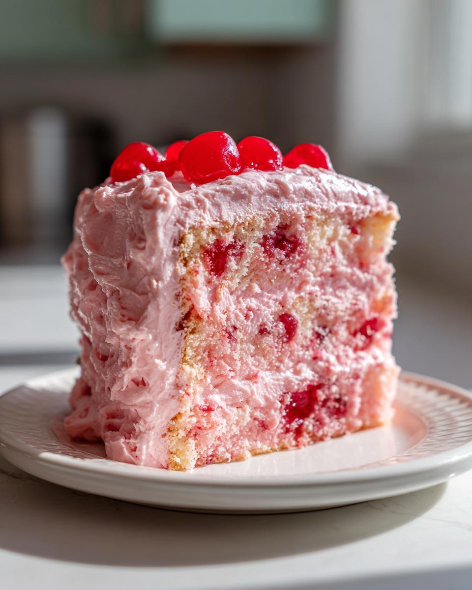 A close-up slice of moist cherry cake with pink frosting, topped with maraschino cherries.