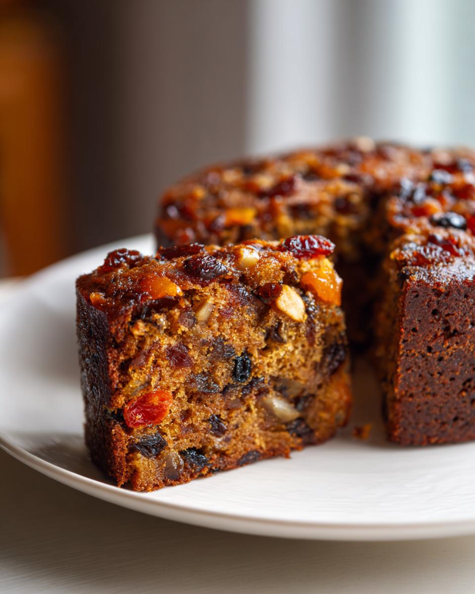 Close-up of a thick slice of dense, dark fruit cake recipe loaded with dried fruits and nuts, resting on a white plate.