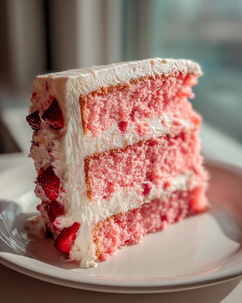 Close-up of a moist slice of pink strawberry cake layered with white frosting and fresh strawberry pieces.