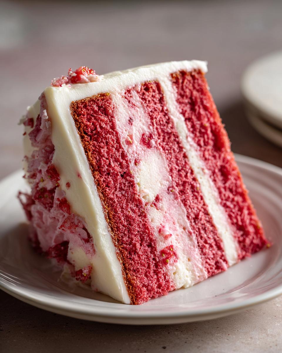 A tall slice of vibrant red strawberry cake layered with white frosting and visible strawberry pieces.