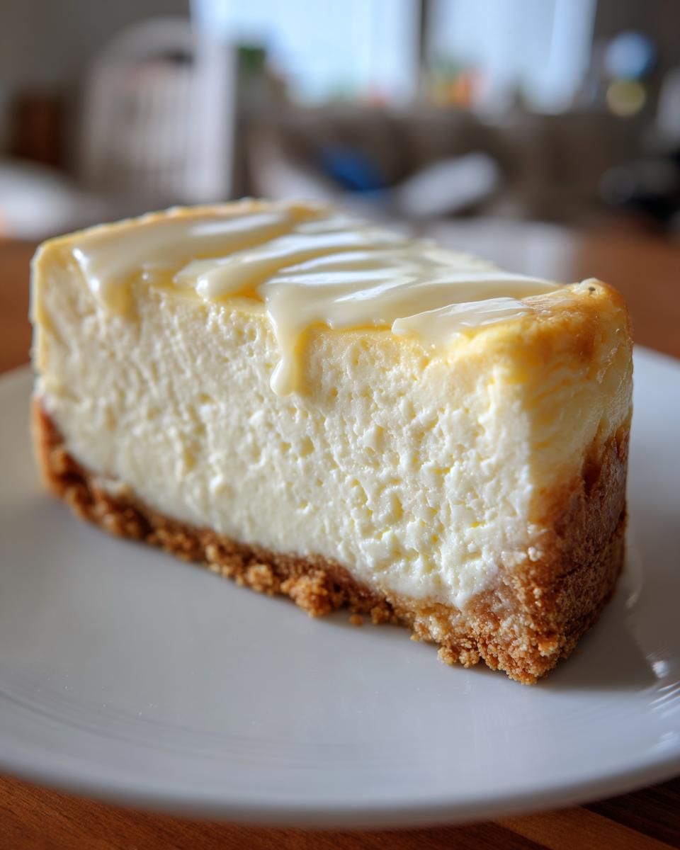 A close-up of a thick slice of creamy white chocolate cheesecake with a graham cracker crust and white chocolate drizzle.