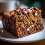 Close-up of two thick slices of dark, moist fruit cake recipe loaded with dried fruits and nuts on a white plate.