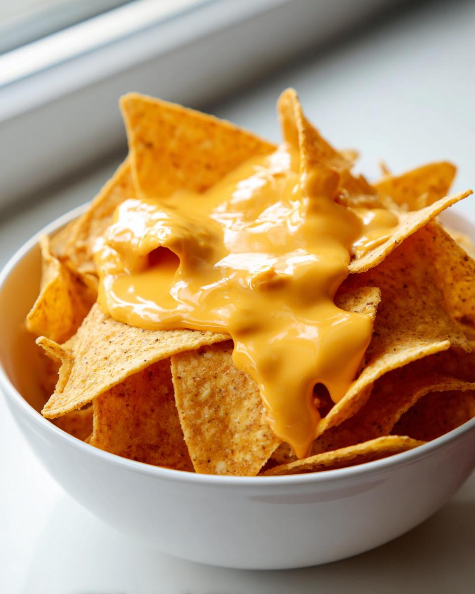Close-up of tortilla chips generously topped with smooth, bright orange nacho cheese dip in a white bowl.