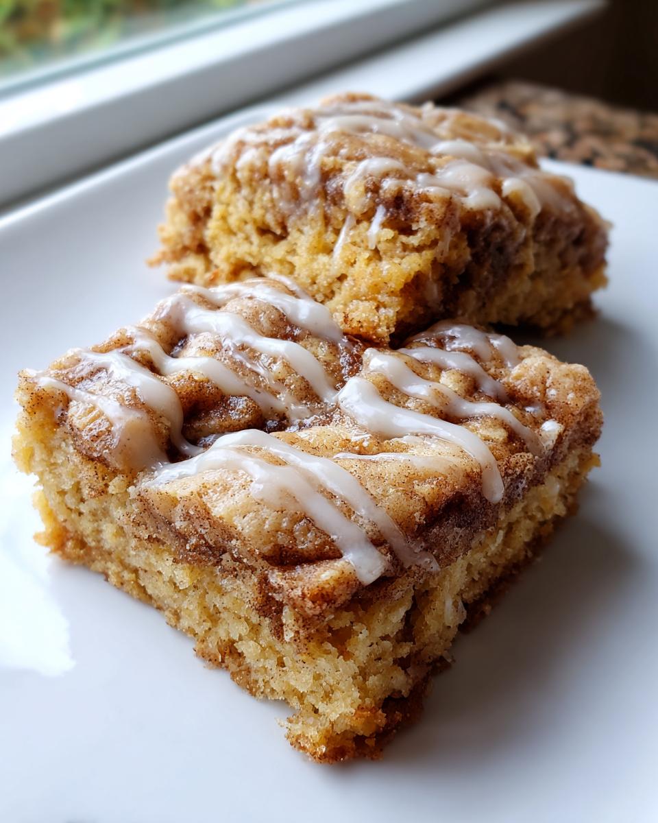 Two square portions of moist snickerdoodle blondies topped with cinnamon swirl and white vanilla glaze.