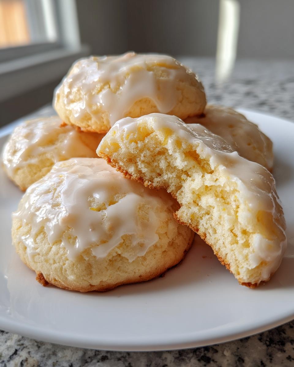 Close-up of soft ricotta cookies topped with white glaze, one cookie broken open showing the fluffy interior.