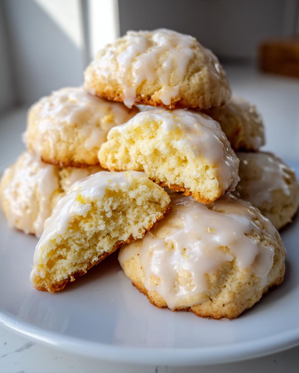 A stack of soft ricotta cookies topped with a sweet glaze, one cookie is broken open showing the moist interior.