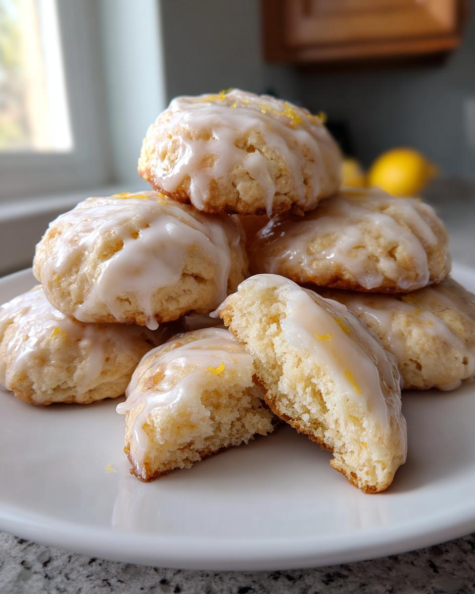 A stack of soft ricotta cookies drizzled with white glaze and topped with lemon zest, one cookie is broken open.