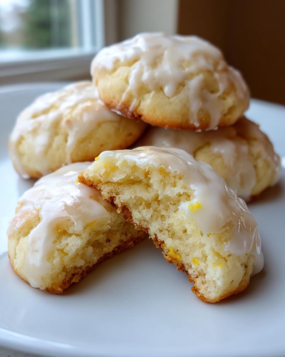 Close-up of soft ricotta cookies stacked on a plate, one broken open showing the fluffy interior and lemon zest.