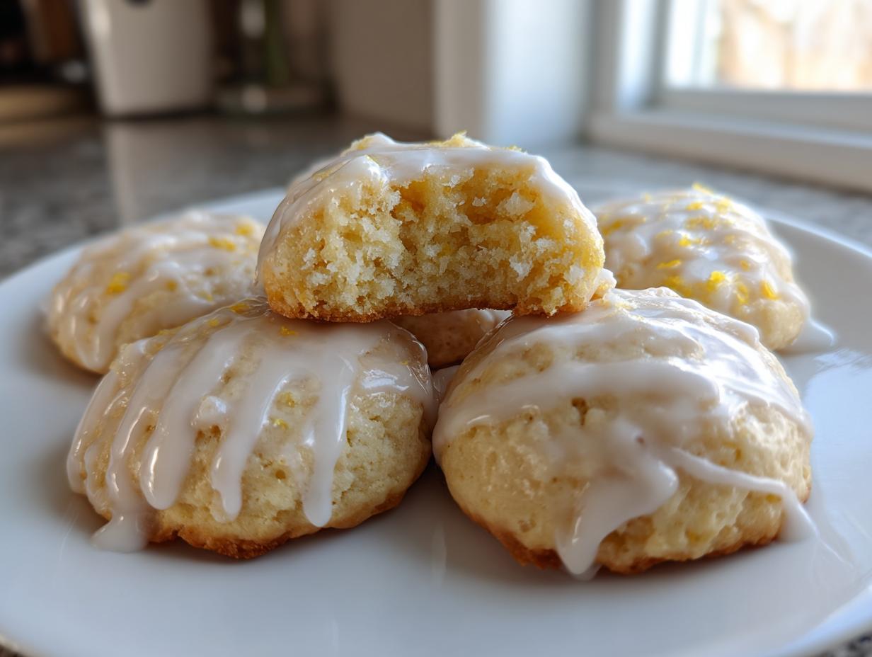 A stack of soft ricotta cookies drizzled with white lemon glaze, one cookie broken open showing the texture.