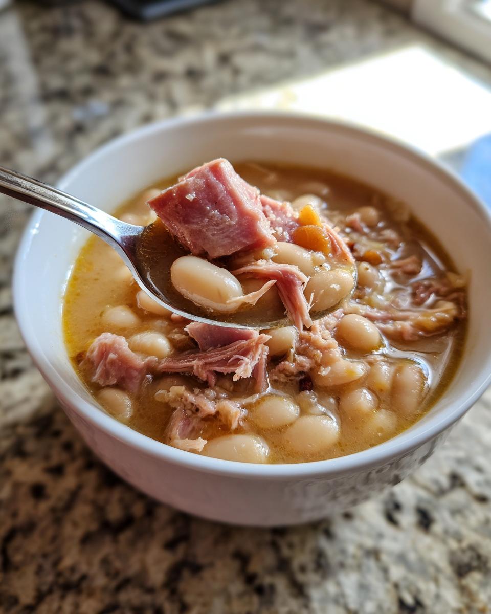A spoonful of hearty navy bean soup showing white beans and chunks of ham being lifted from a white bowl.
