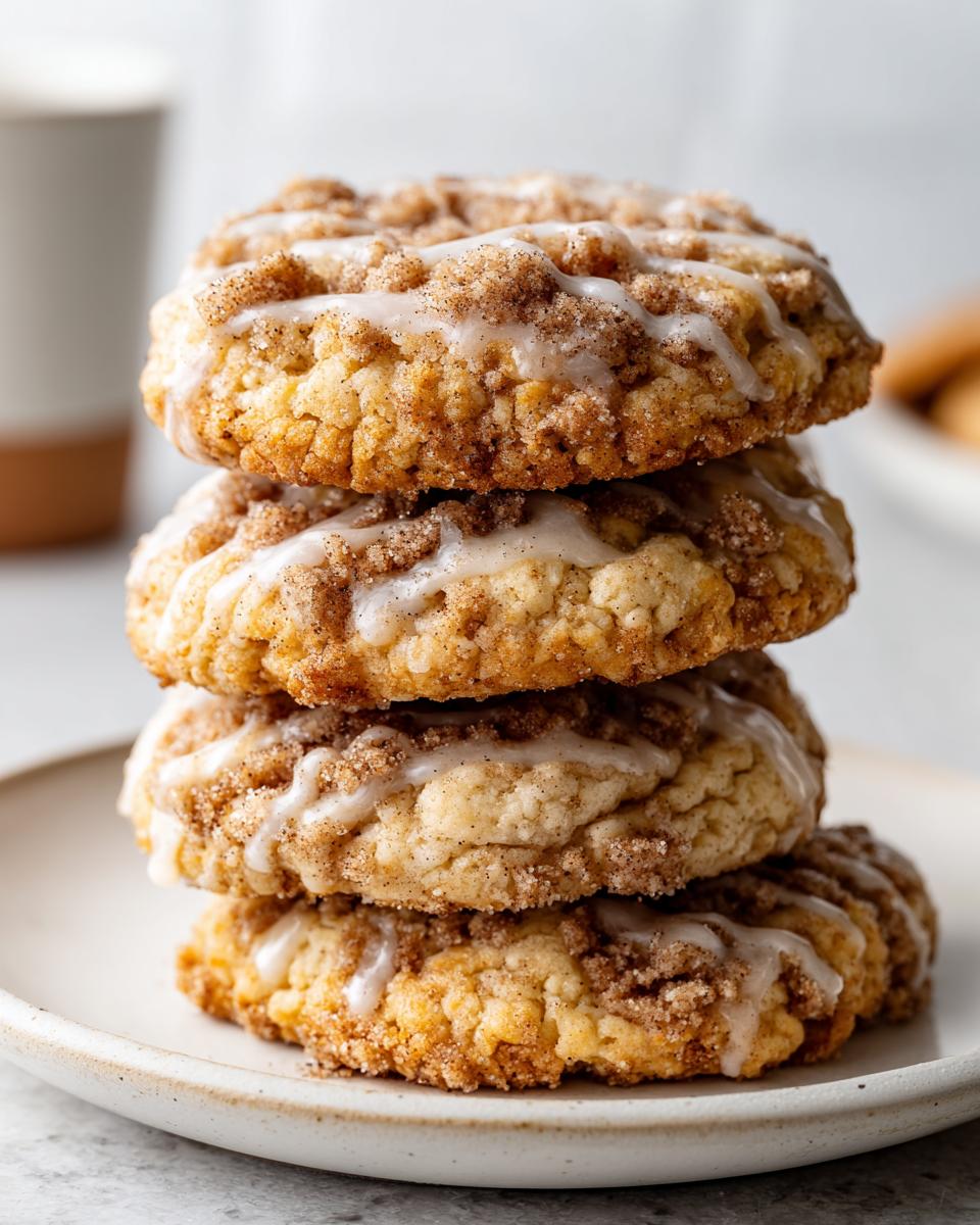 A stack of four soft coffee cake cookies topped with cinnamon streusel and a vanilla glaze.